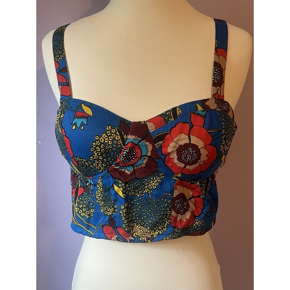 BOG Collective Floral Blue Red‎ Summer Padded Crop Top Size Large
